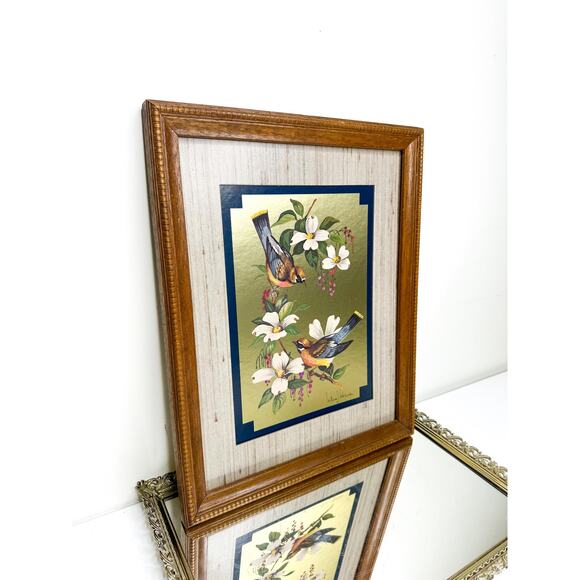 Vintage "Birds on Dogwood" Framed & Signed Print William J. Whiteside Gold Foil - Picture 2 of 10